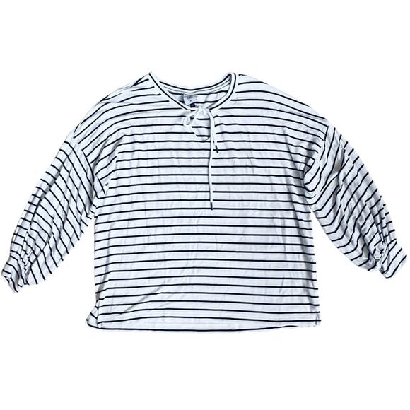 Cabi Women’s Sz M Navy White Stripe Tie Neck Top Knit Stretch Relax Game Day - Picture 2 of 13